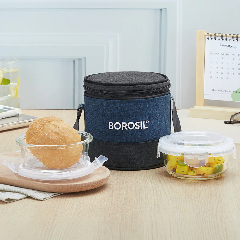 Elite Blue Grey Glass Lunch Box, Round x 2 (Tall), Set of 2, 400ml