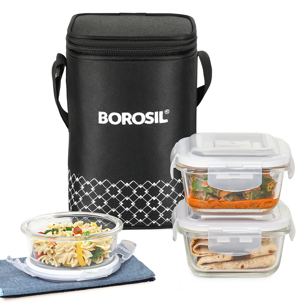 Borosil Zeal Black Lunch Bag, Set of 3 (Tall)