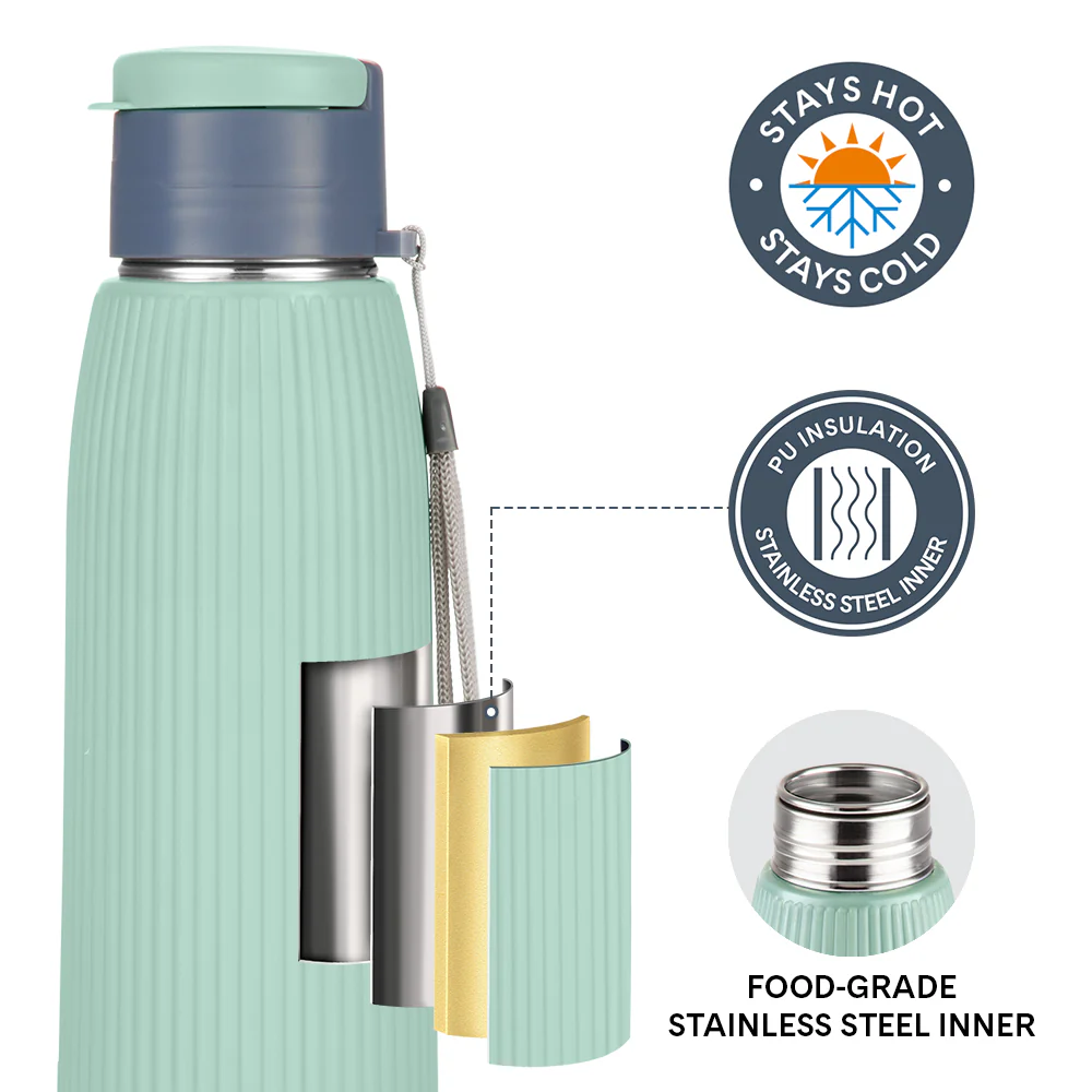 Larah Lava Fluted PU Thermoware Bottle, 700 ml, Green