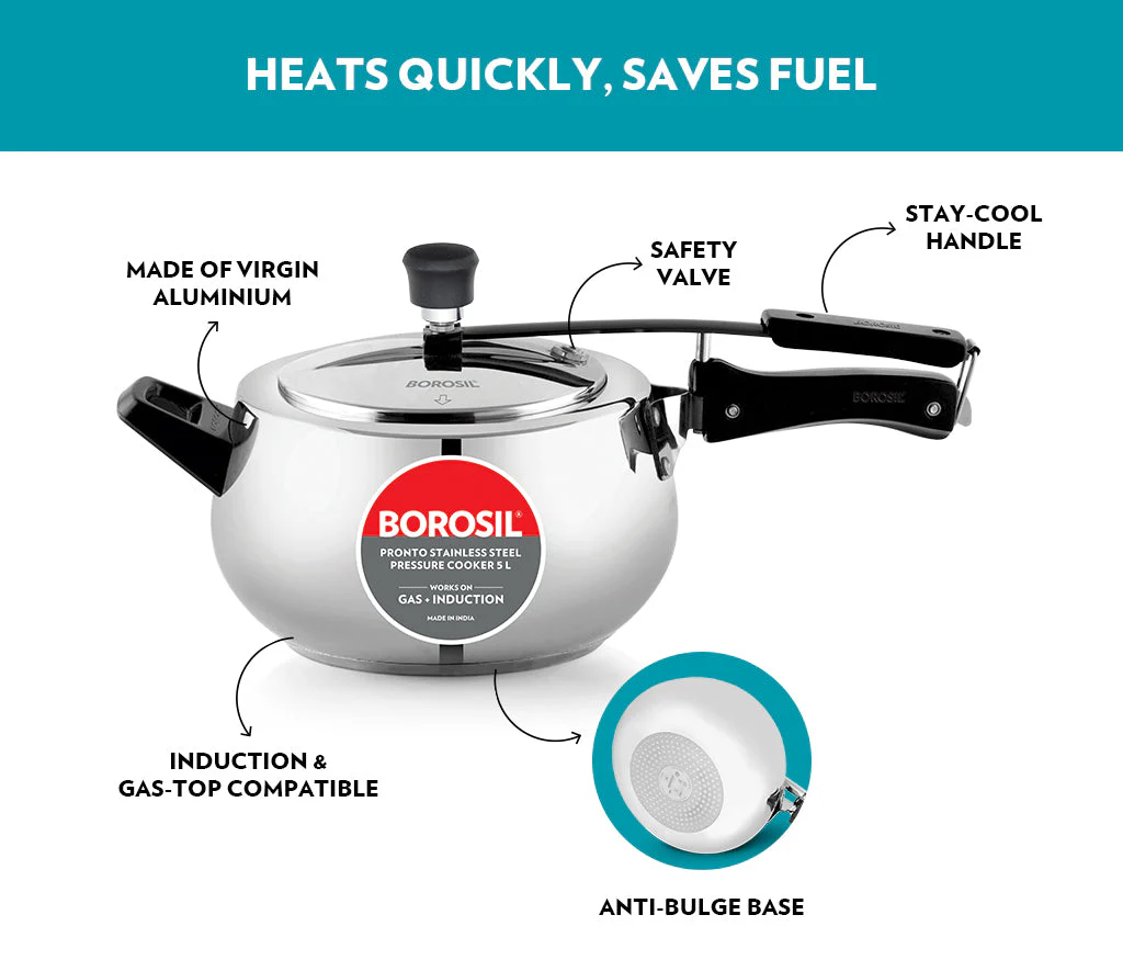 Borosil Pronto SS Pressure Cooker, 5L