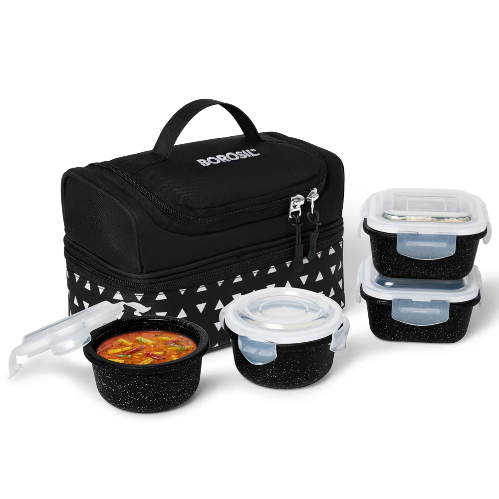 Borosil Kube Black Universal Glass Lunchbox, 320ml x 2 + 240ml x 2