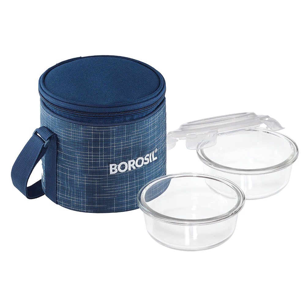 Borosil Indigo Glass Lunchbox, Round x 2 (Tall Bag), 400ml x 2