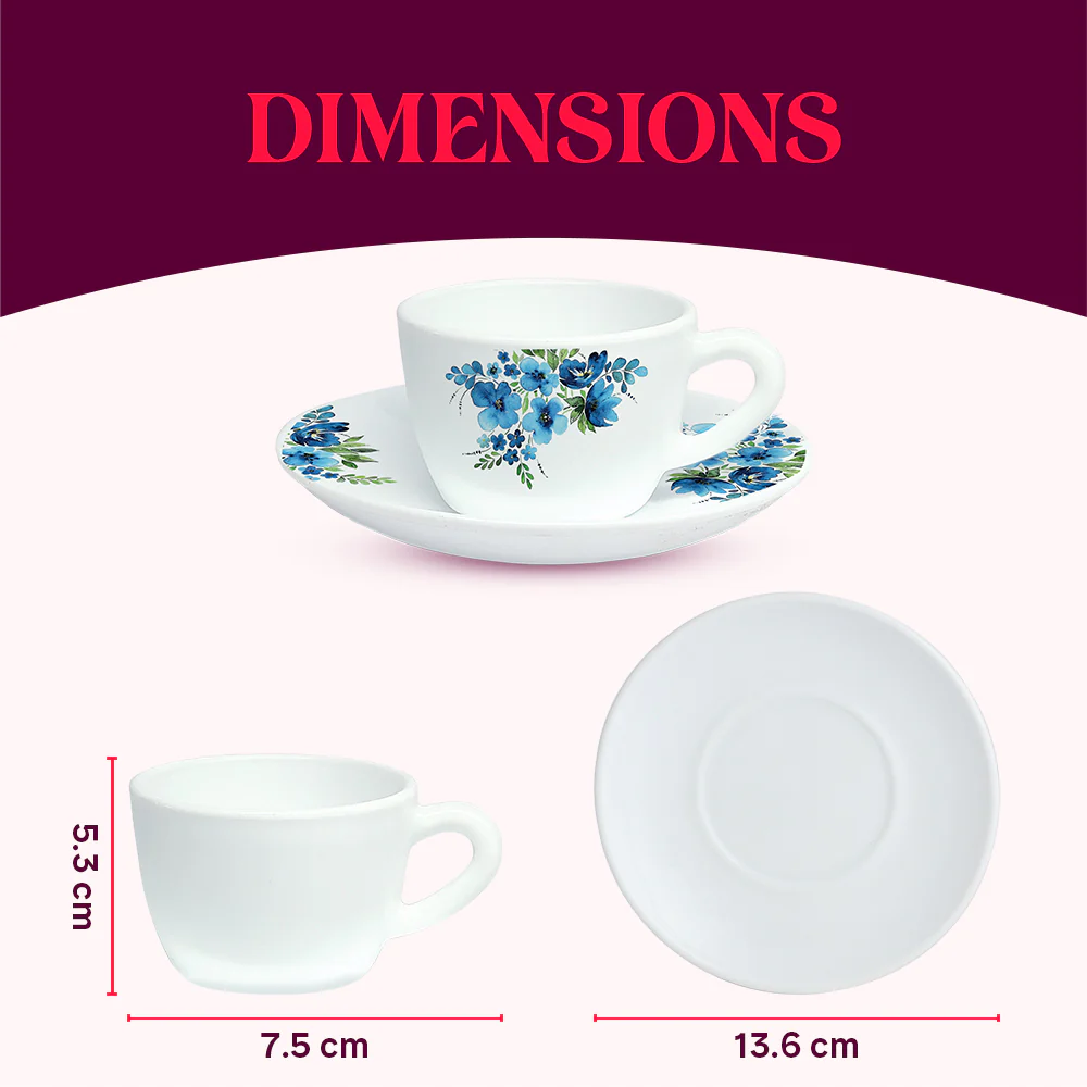 Larah by Borosil Pansy Cup n Saucer Set, 140ml x 12