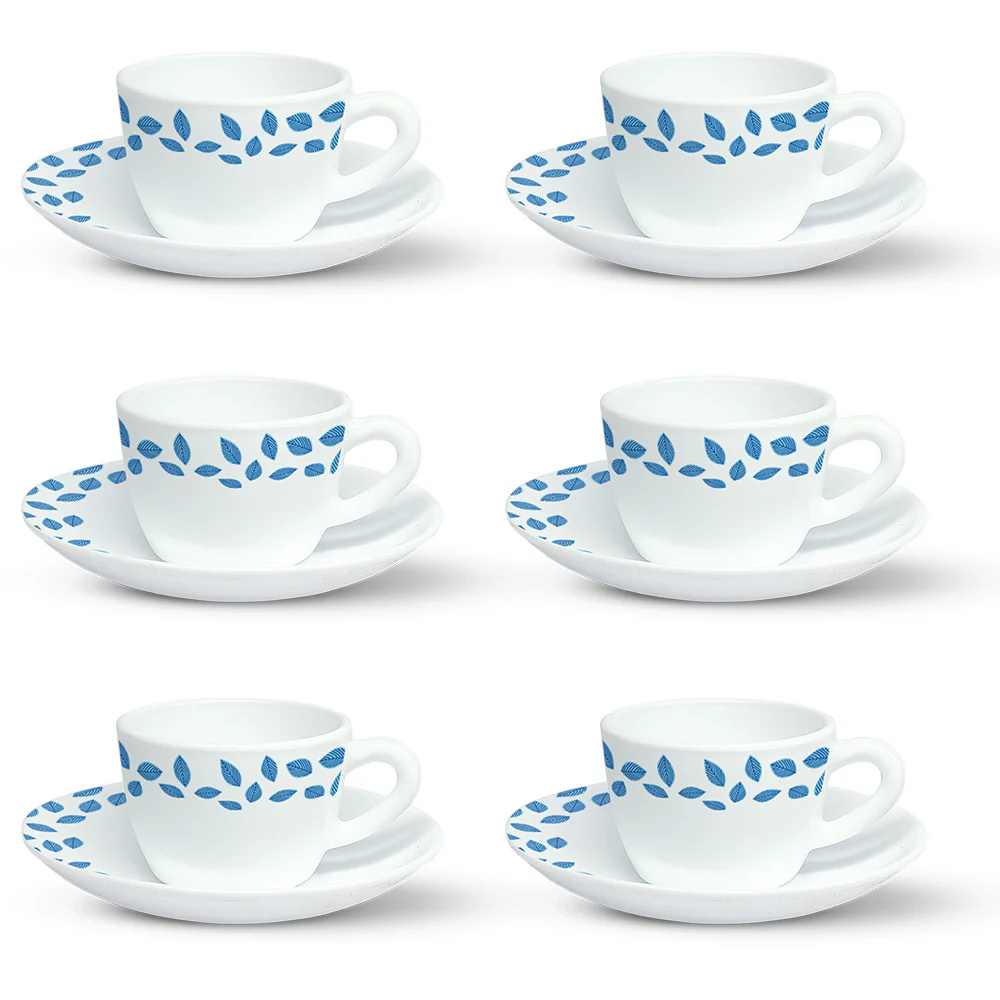 Larah by Borosil Blue Leaves Cup n Saucer Set, 140ml x 12