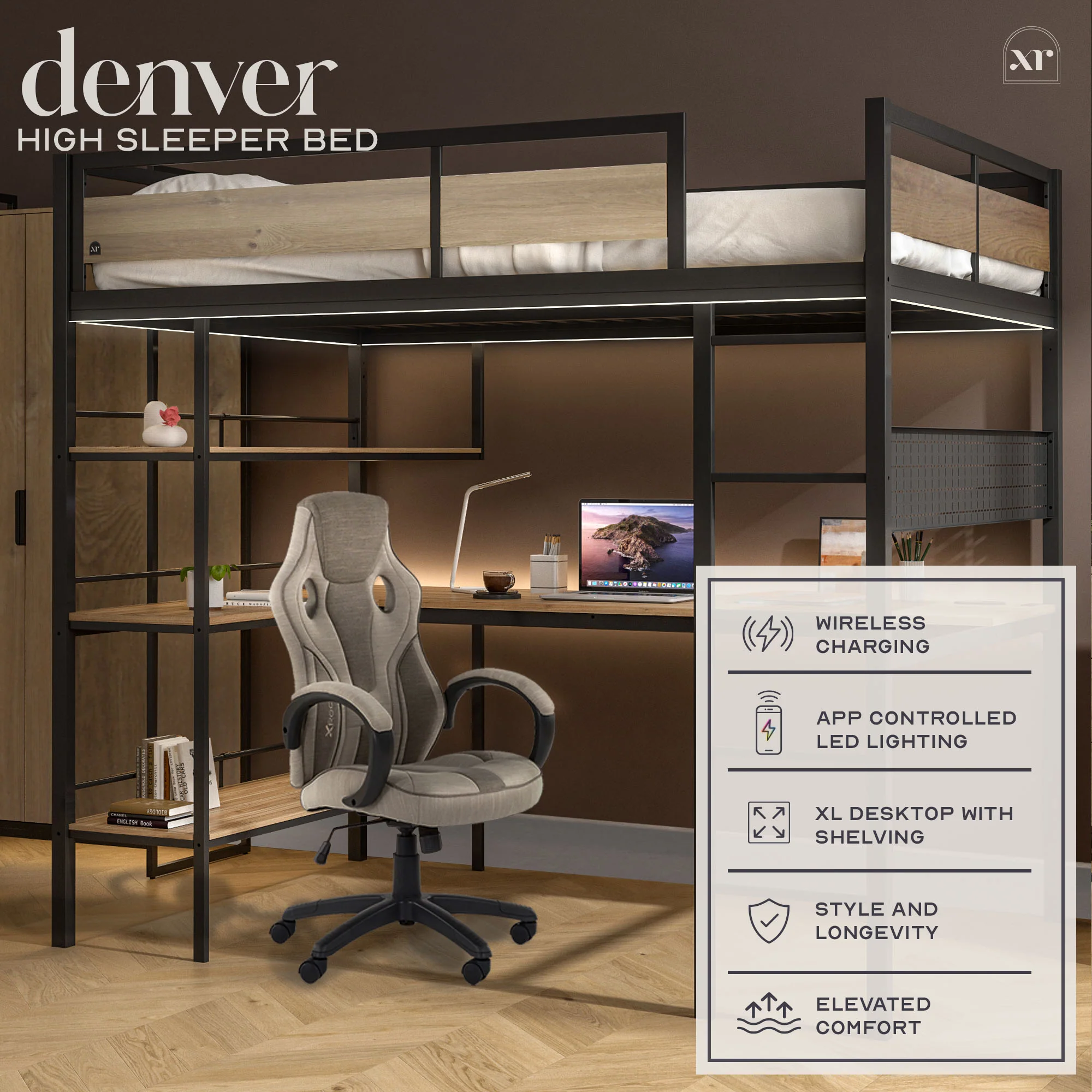 Denver LED High Sleeper Double Bunk Bed with Desk - Oak / Black RGB