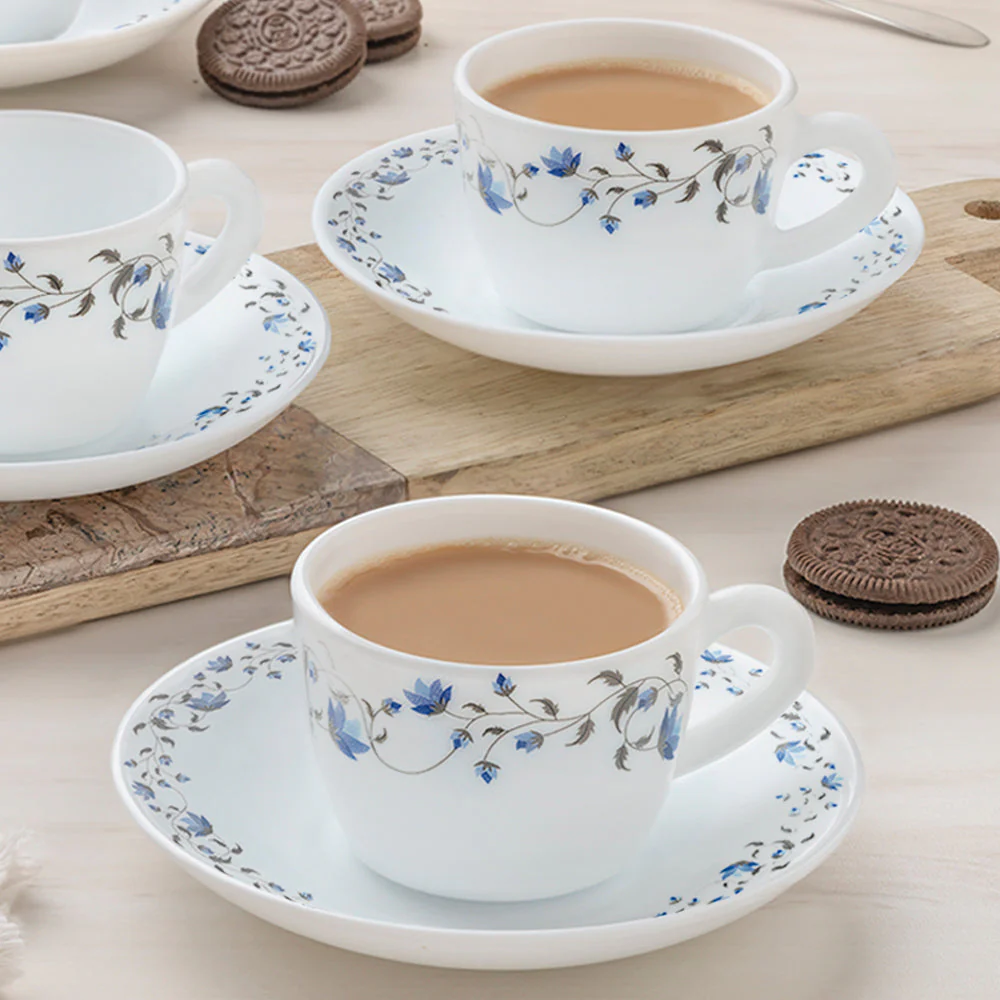 Larah by Borosil Helena Cup n Saucer Set, 140ml x 8