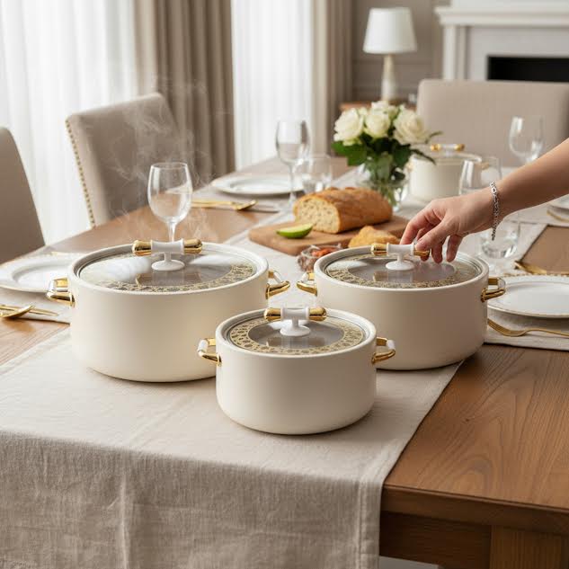 3 Piece Food Warmer Set Cream & Gold