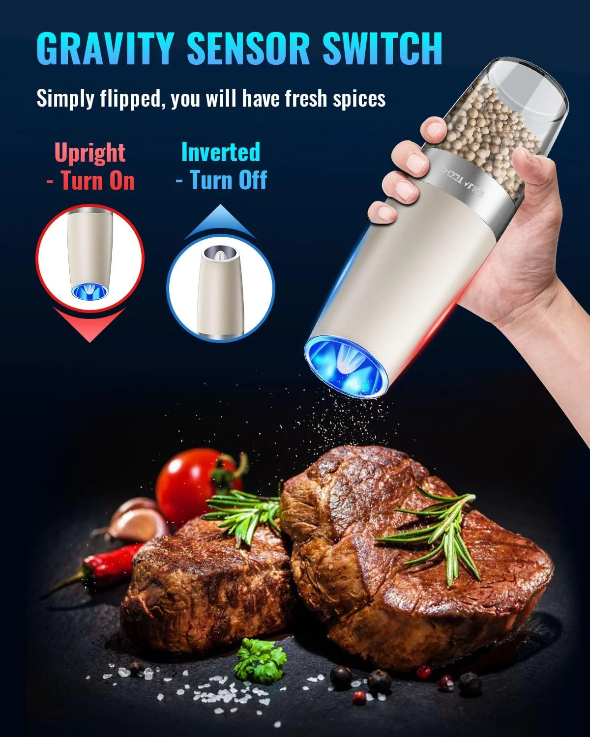 Electric Salt & Pepper Grinder Set, Adjustable Coarseness, LED, One-Hand Use, Stainless Steel 2-Pack