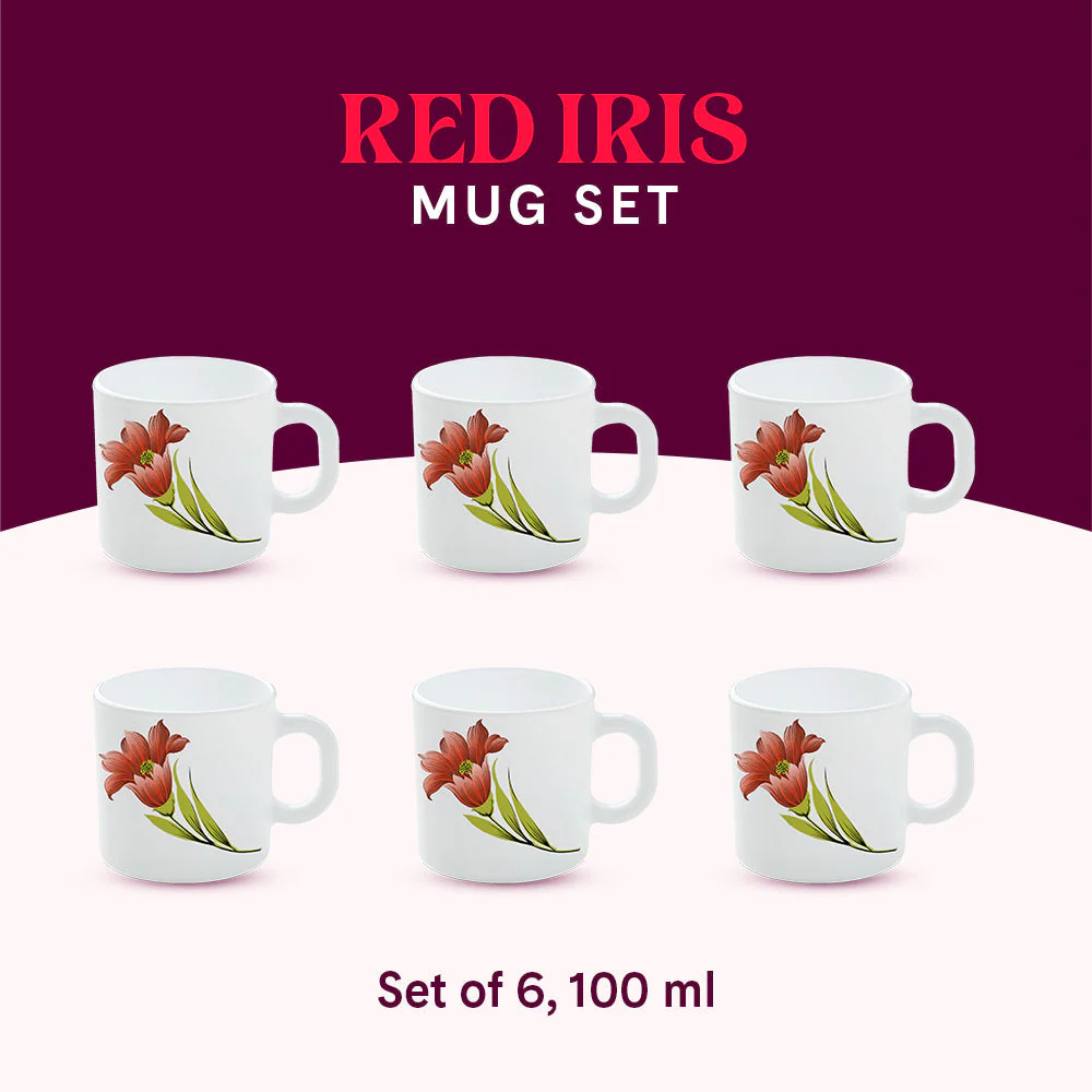 Larah by Borosil Red Iris Mug Set, 240ml x 2