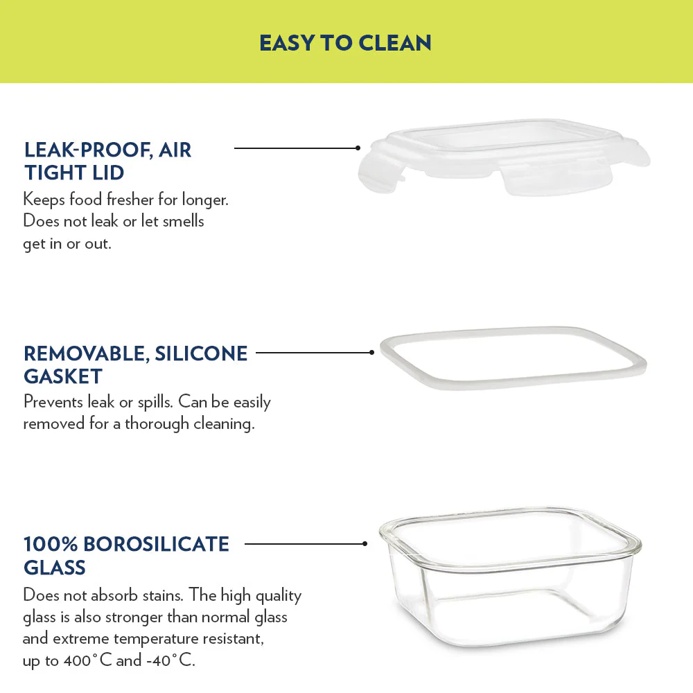 Foodluck Olive Glass Lunch Box, Square x 4, Set of 4, 320ml