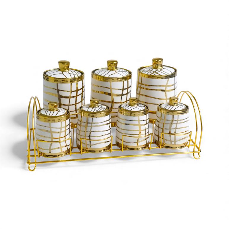 7 Piece Line Design Canister Set Gold & White