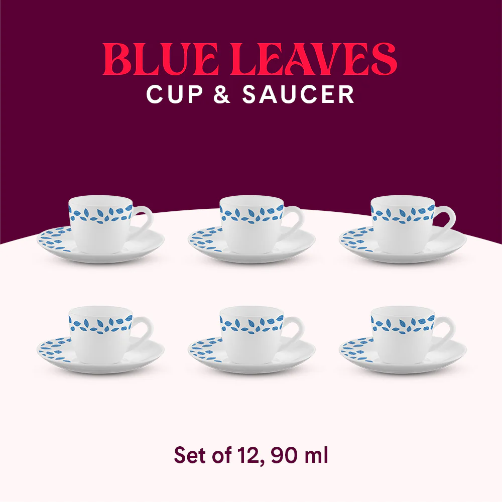 Larah by Borosil Blue Leaves Cup n Saucer Set, 90ml x 12