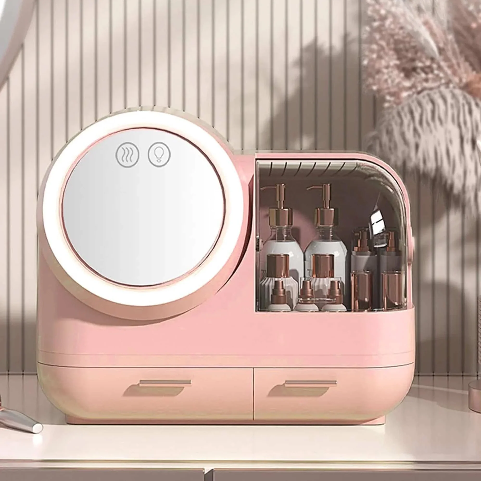 Antalya Cosmetics Storage Organizer Large with LED Lighted Mirror Pink