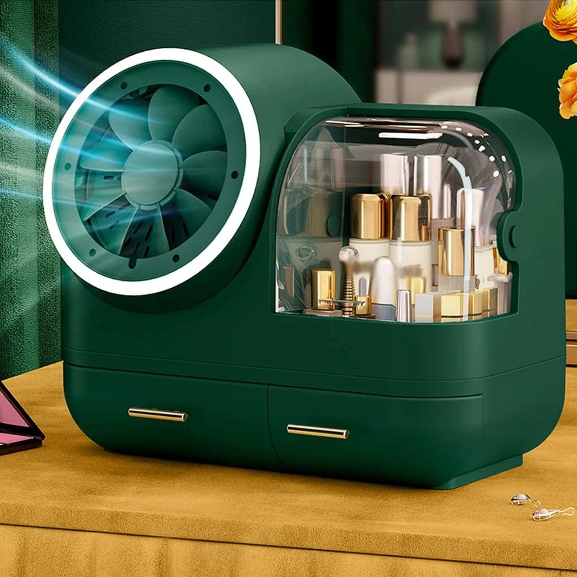 Antalya Cosmetics Storage Organizer Large with LED Lighted Mirror Green