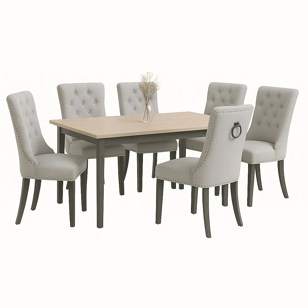 Neo Set of Six Grey Studded Velvet Dining Table Chairs with Ring Knocker Detail