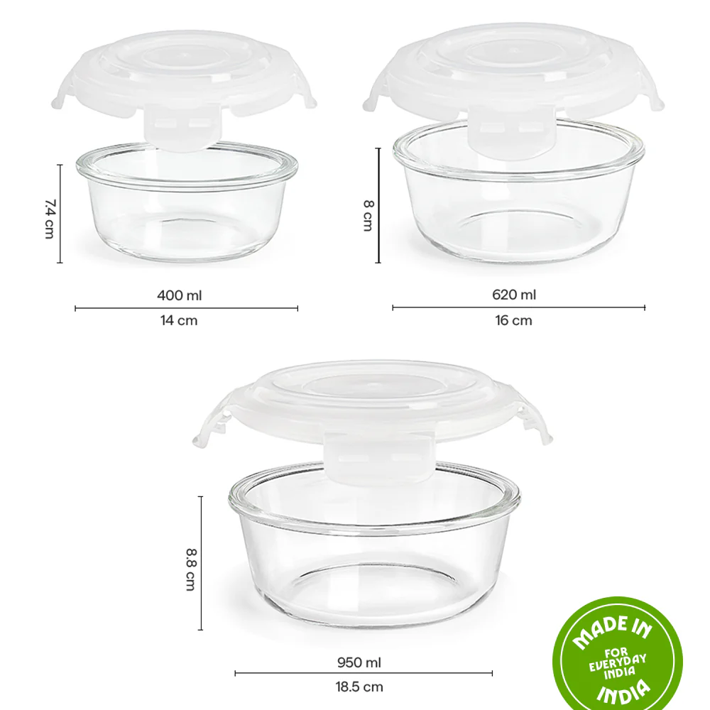 Borosil Tuff-Glass Klip n Store, Round, Set of 3, Containers