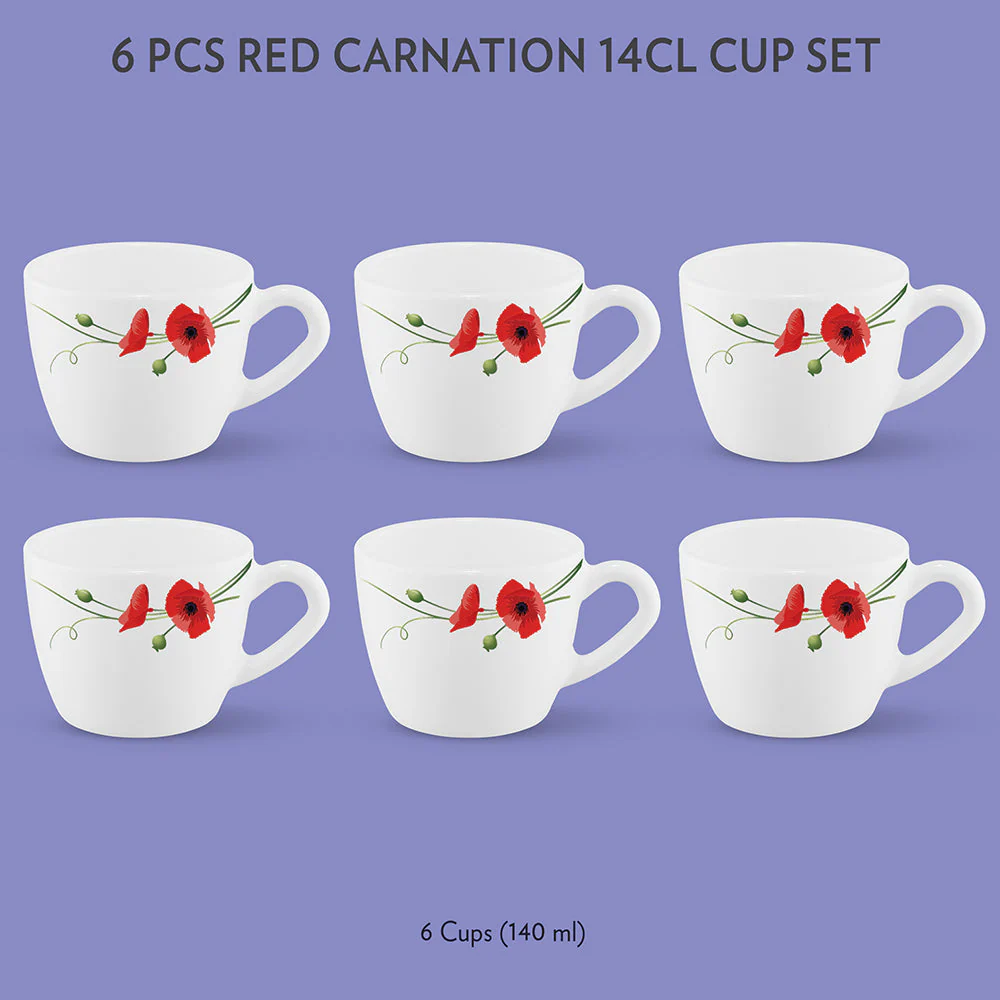 Larah by Borosil Red Carnation Cup Set, 90ml x 6