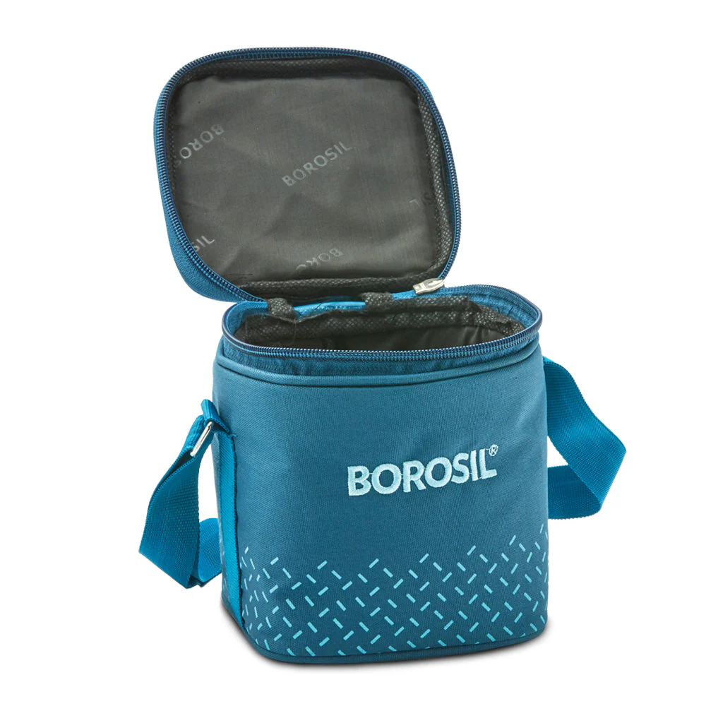 Borosil Teal Glass Lunchbox, Square x 2 (Tall Bag), 320ml x 2