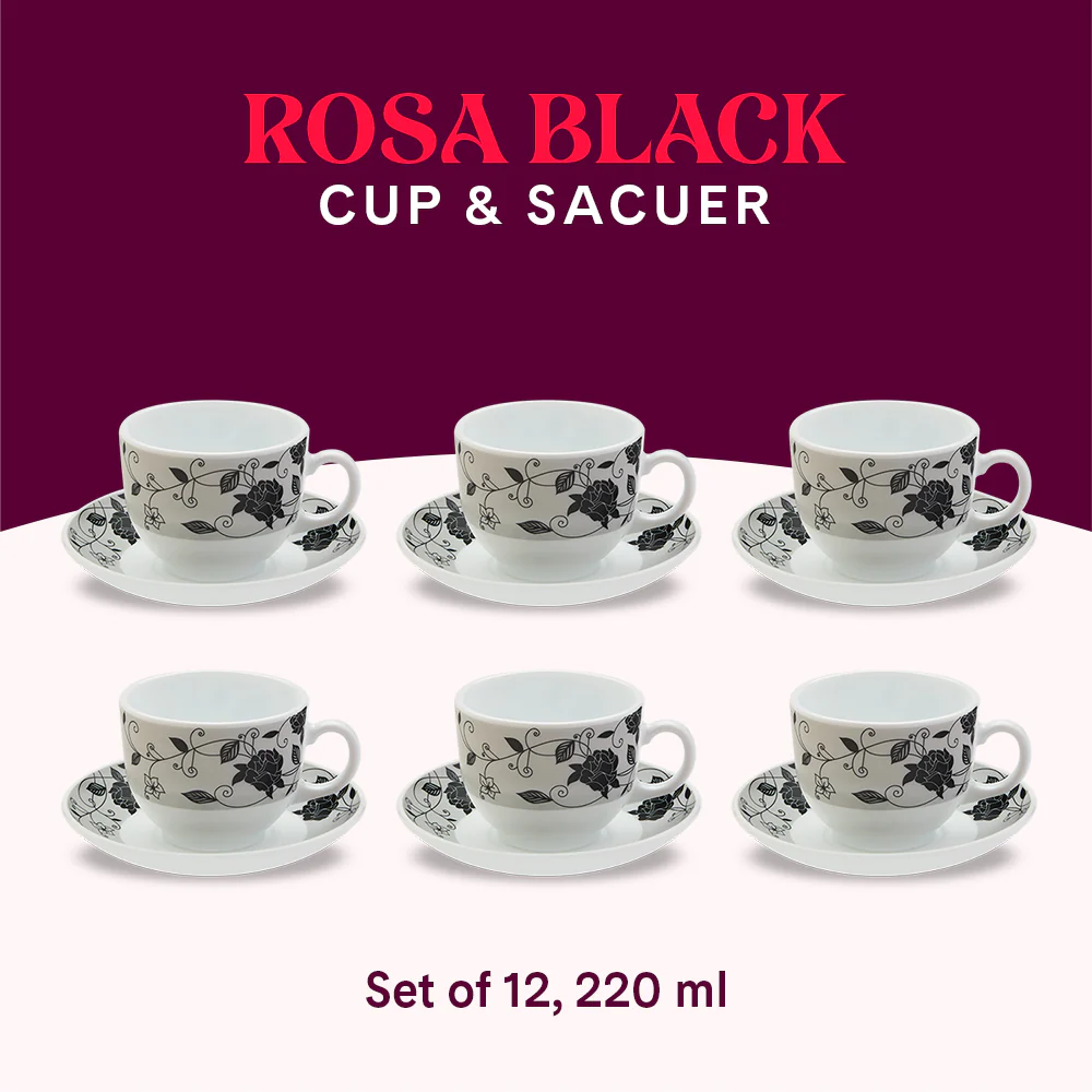 Larah by Borosil Rosa Black Cup n Saucer Set, 220ml x 12