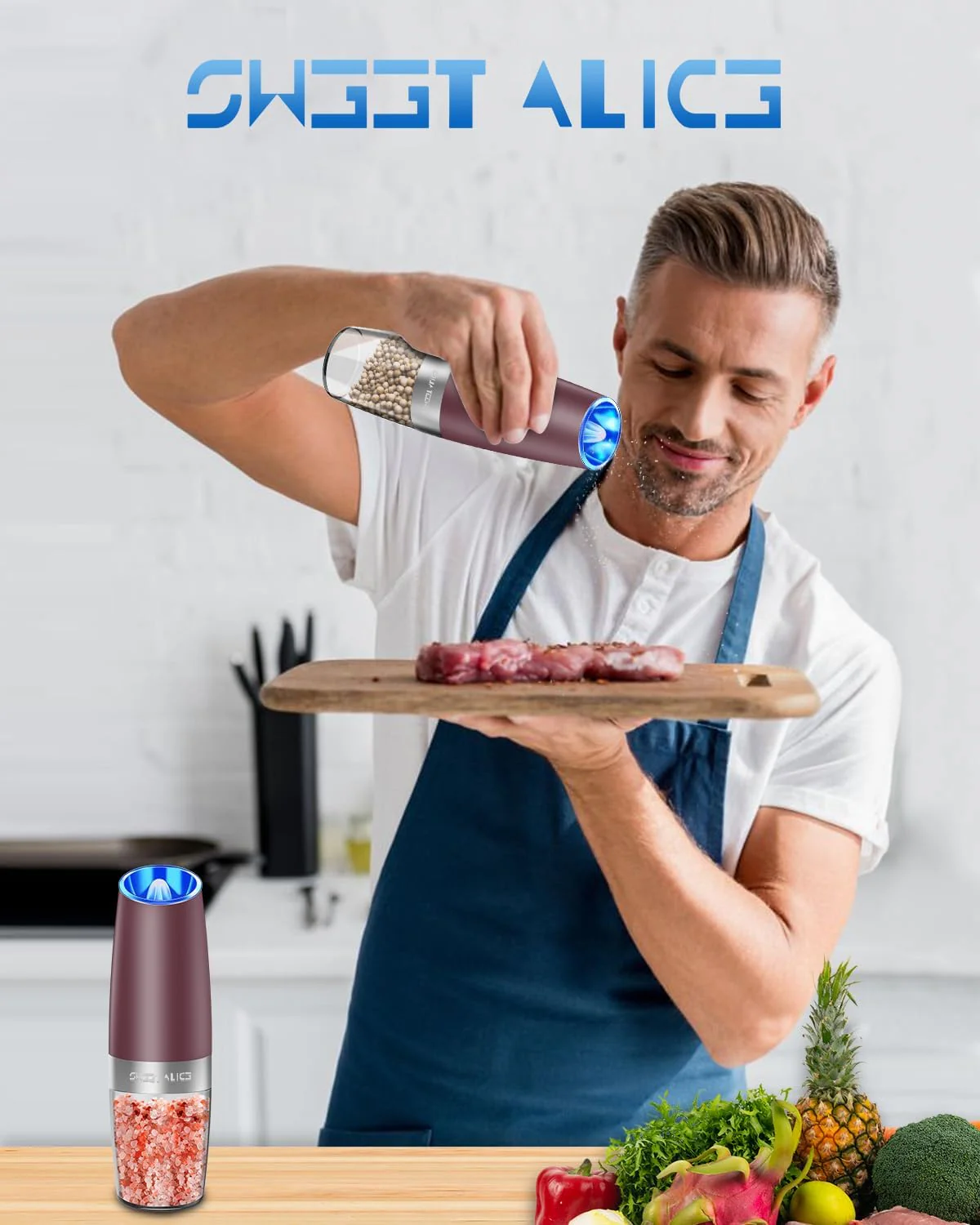 Electric Salt & Pepper Grinder Set, Adjustable Coarseness, LED, One-Hand Use, Stainless Steel 2-Pack