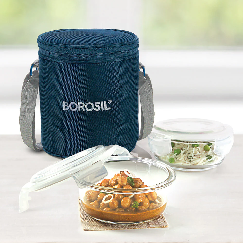 Borosil Inspire Glass Lunchbox, Round x 2 (Tall Bag), 400ml x 2