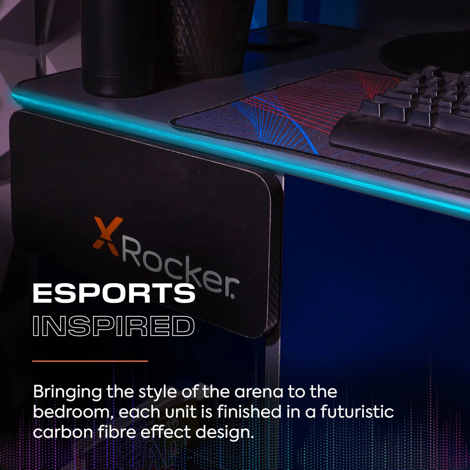 Carbon-Tek 120cm LED Gaming Desk with Wireless Charging - Grey / Blue RGB