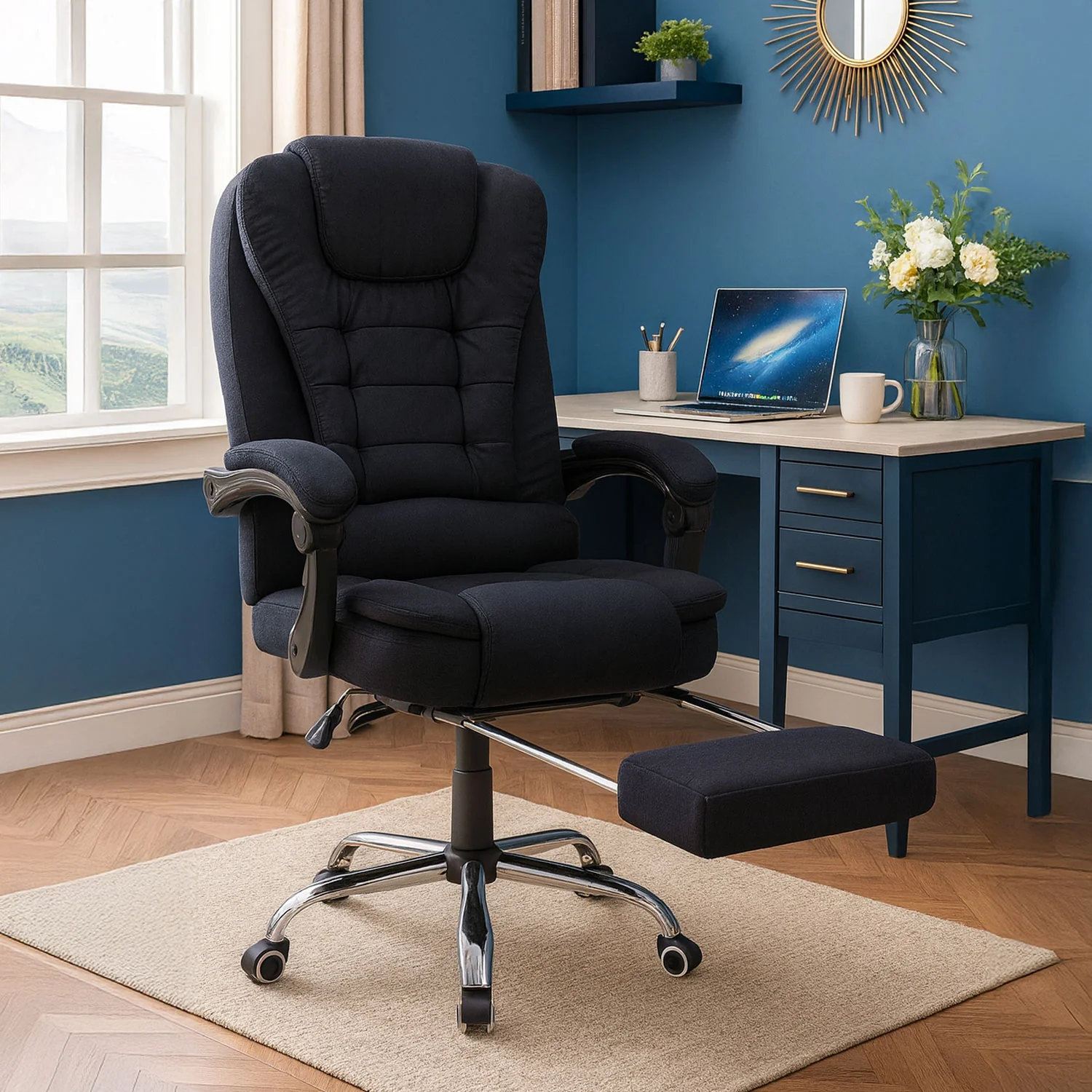 Neo Office Chair Black Fabric Footrest & Massage Function Steel Frame