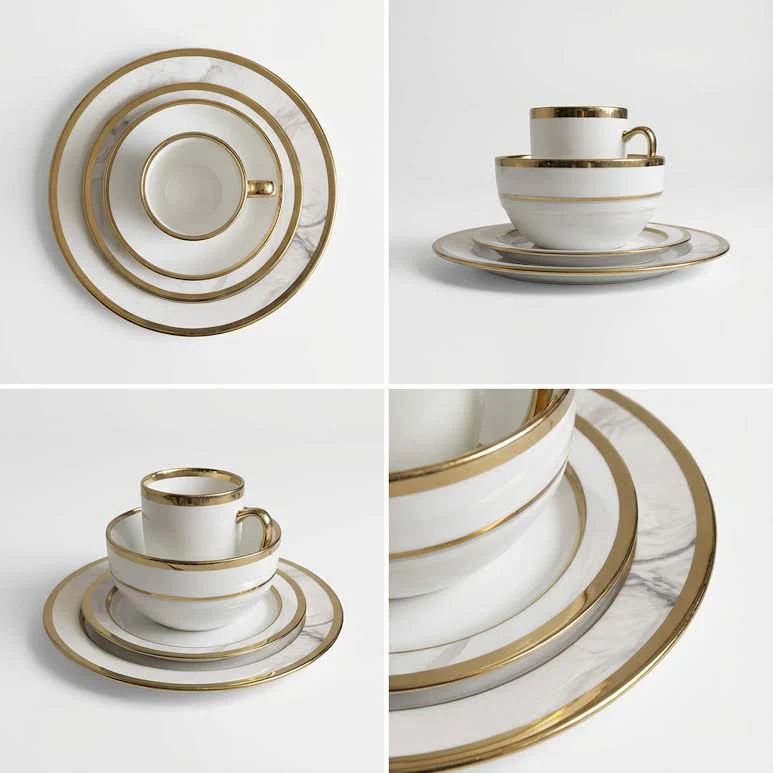 16 Piece Dinner Set with Trimming Gold & White