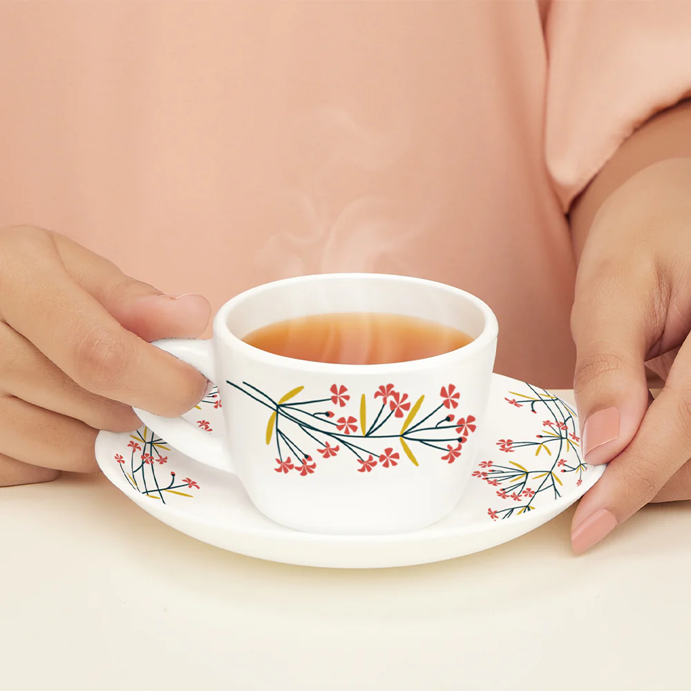 Larah By Borosil Red Bud Cup n Saucer Set, 140ml x 12