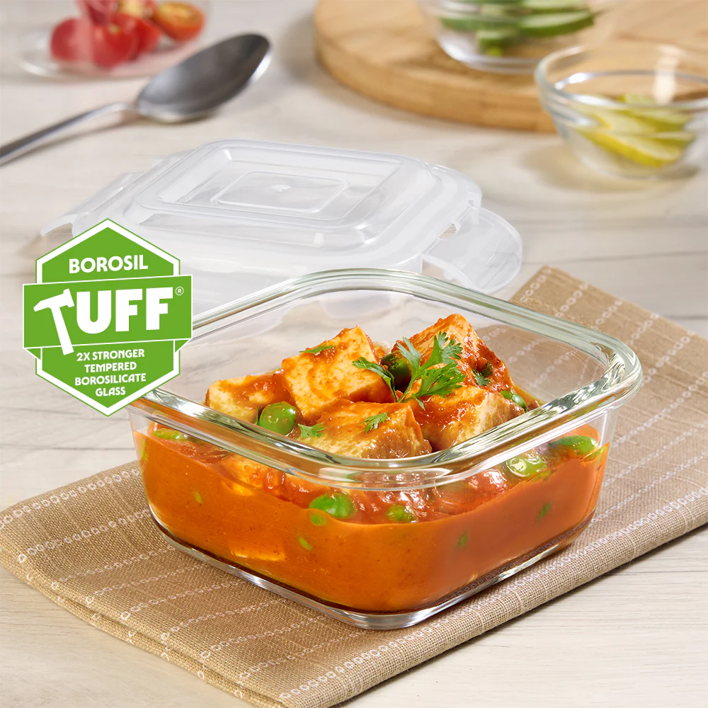 Borosil Tuff-Glass Klip n Store, Square Container
