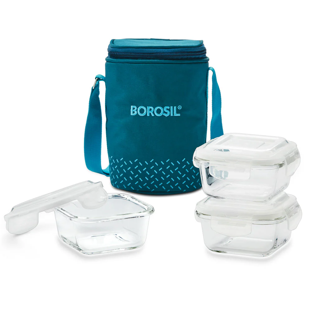 Borosil Teal Glass Lunchbox, Square x 3, 320ml x 3