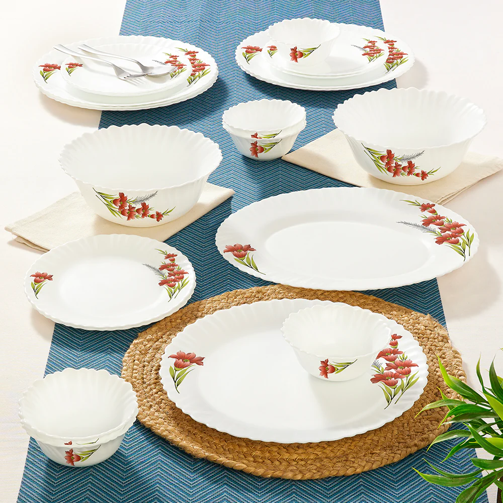 Larah by Borosil Red Iris Dinner Set, 21 pc