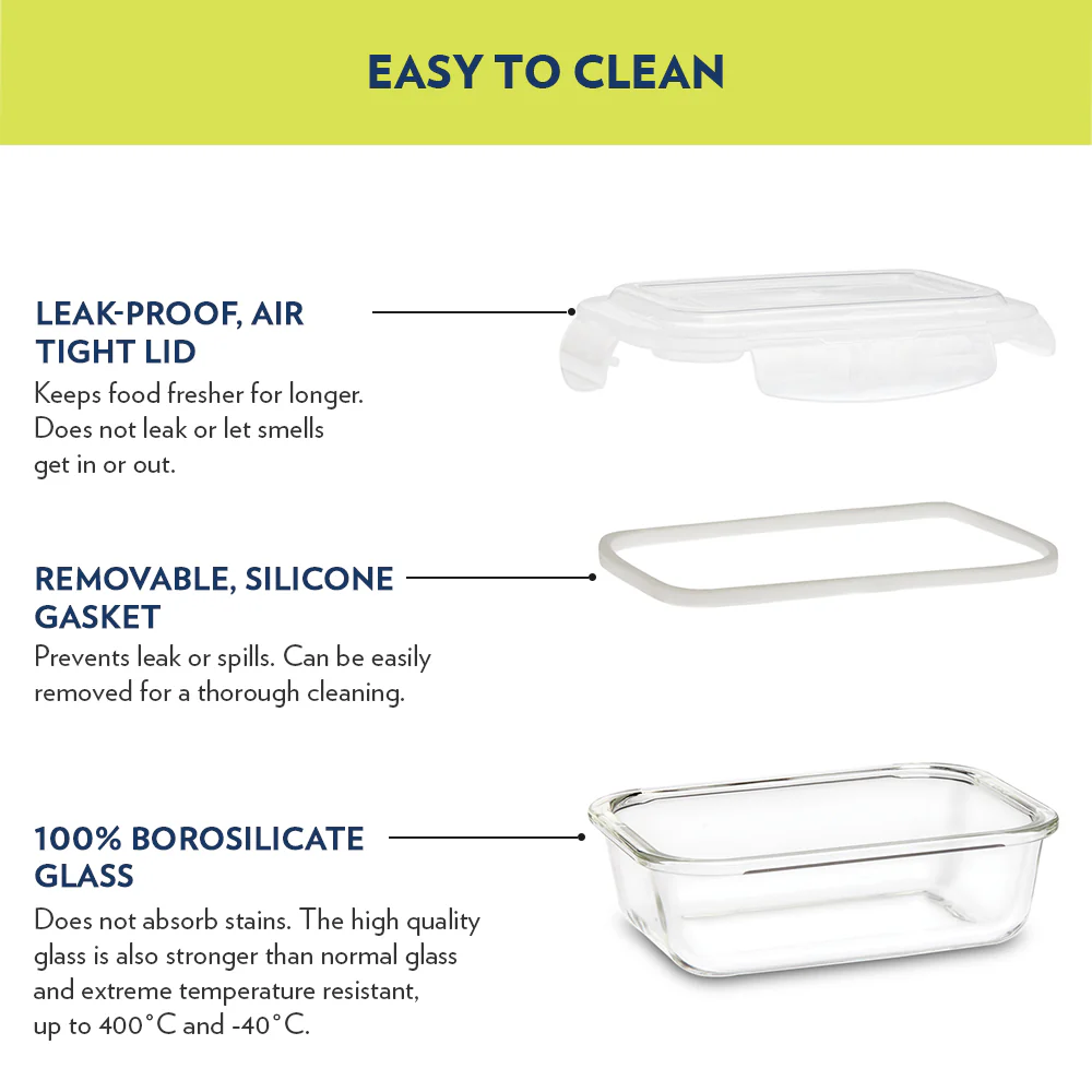 Steller Glass Lunch Box, Rectangular x 2 (Flat), Set of 2, 370ml