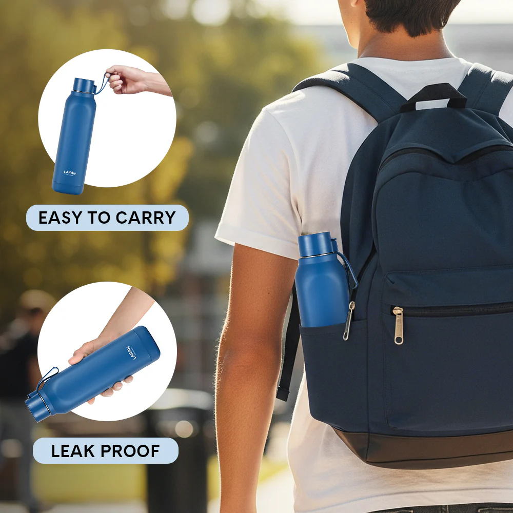 Larah Cube Square PU Thermoware Bottle, 700 ml, Blue