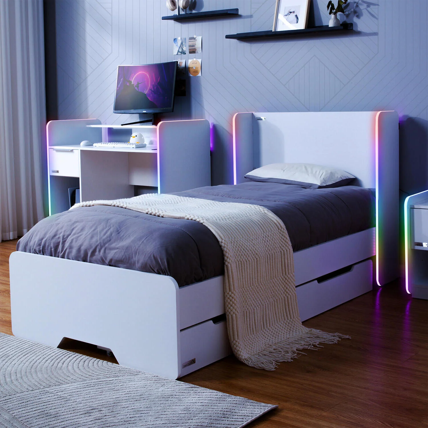 Electra LED Single Gaming Bed with Drawers - White RGB