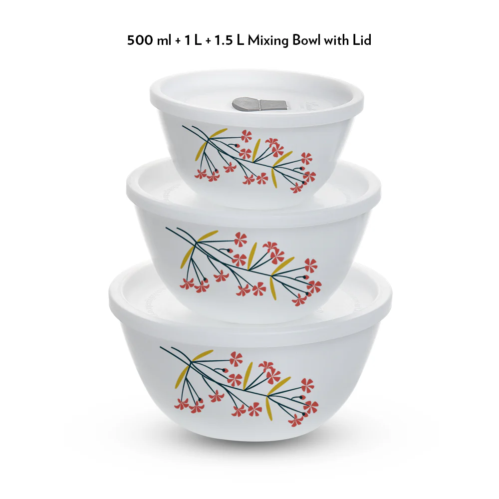 Larah by Borosil Red Bud 4 pc Mixing Bowl, 500 ml + 1 L + 1.5 L