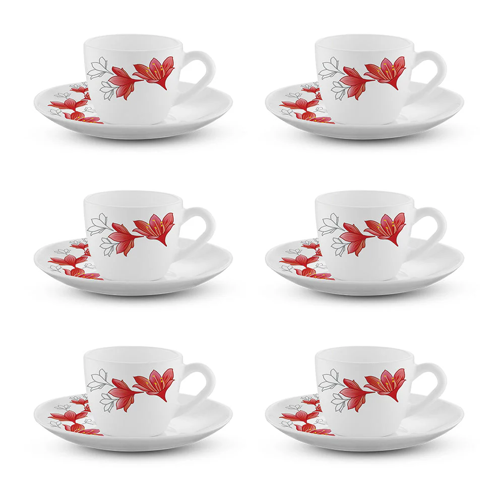 Larah by Borosil Ruby Cup n Saucer Set, 140ml x 12