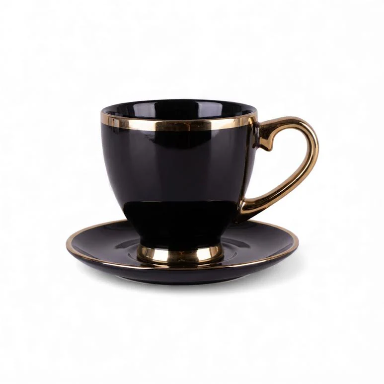 Cup & Saucer with Spoon Black & Gold