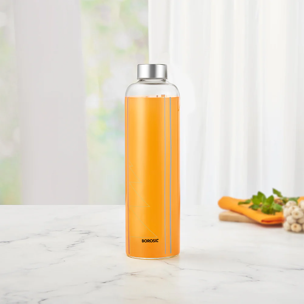 Crysto Narrow Mouth Sintra Glass Bottle, Silver Lid 1 L