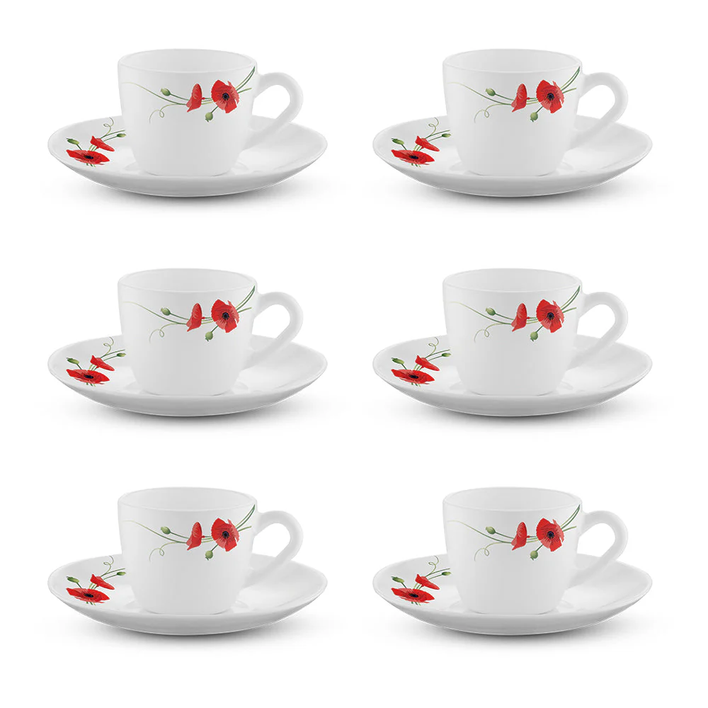 Larah by Borosil Red Carnation Cup n Saucer Set, 140ml x 8