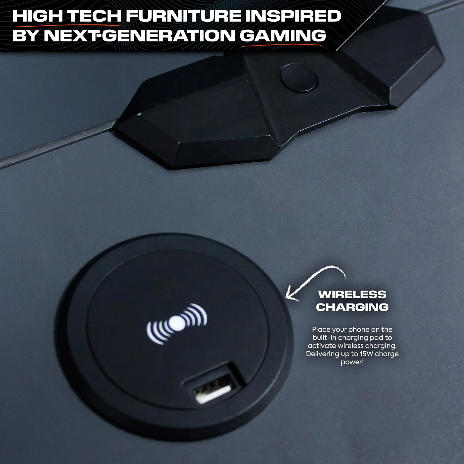 Carbon-Tek LED Bedside Side Table with Wireless Charging and Drawer - Grey / Red RGB