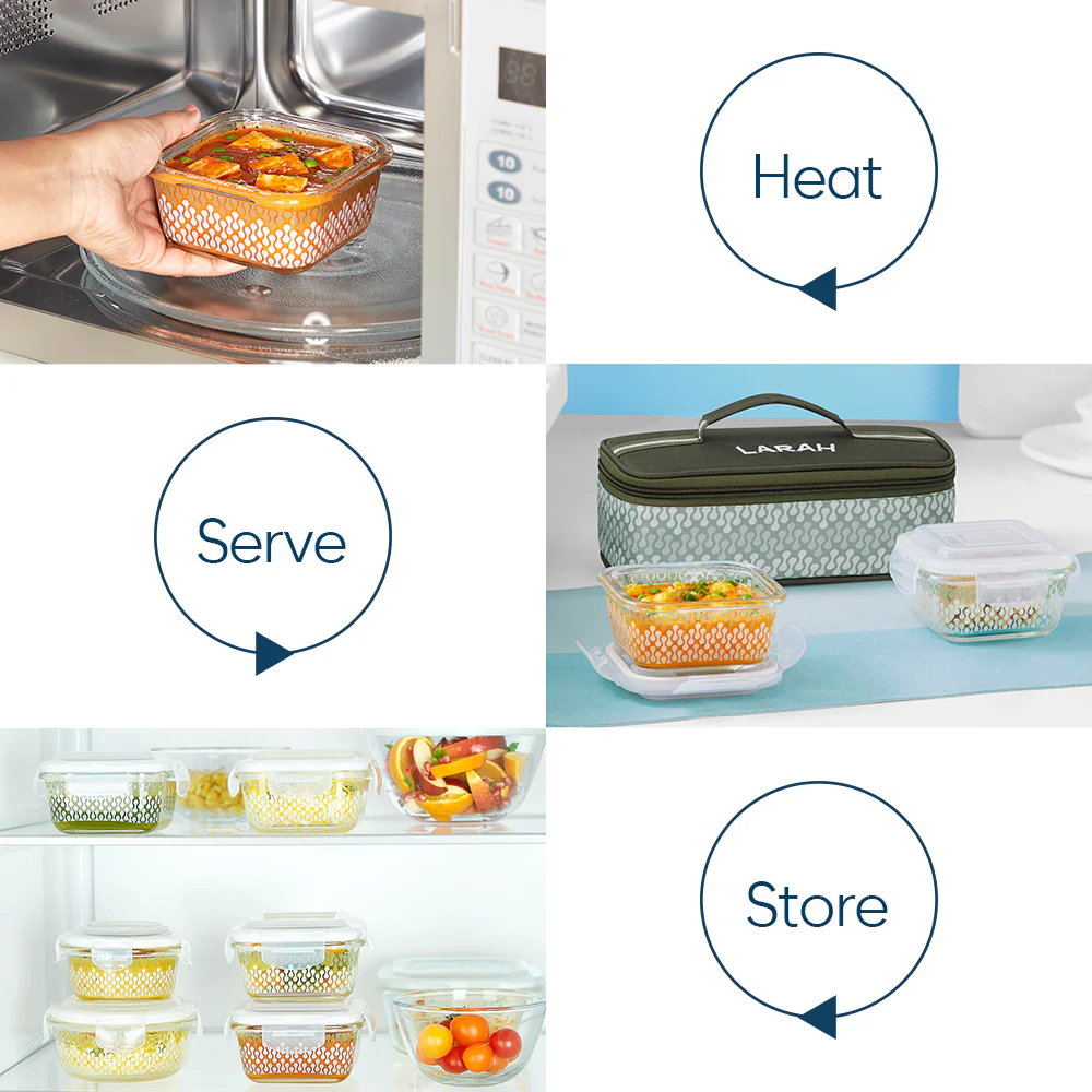 Larah Gracia Glass Lunchbox, Square x 2 (Flat), 320ml x 2