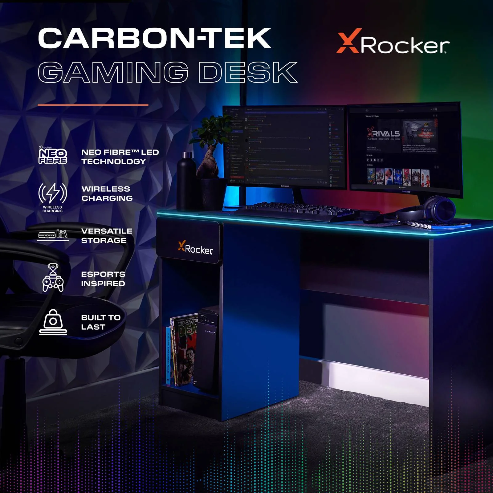 Carbon-Tek 120cm LED Gaming Desk with Wireless Charging - Grey / Blue RGB