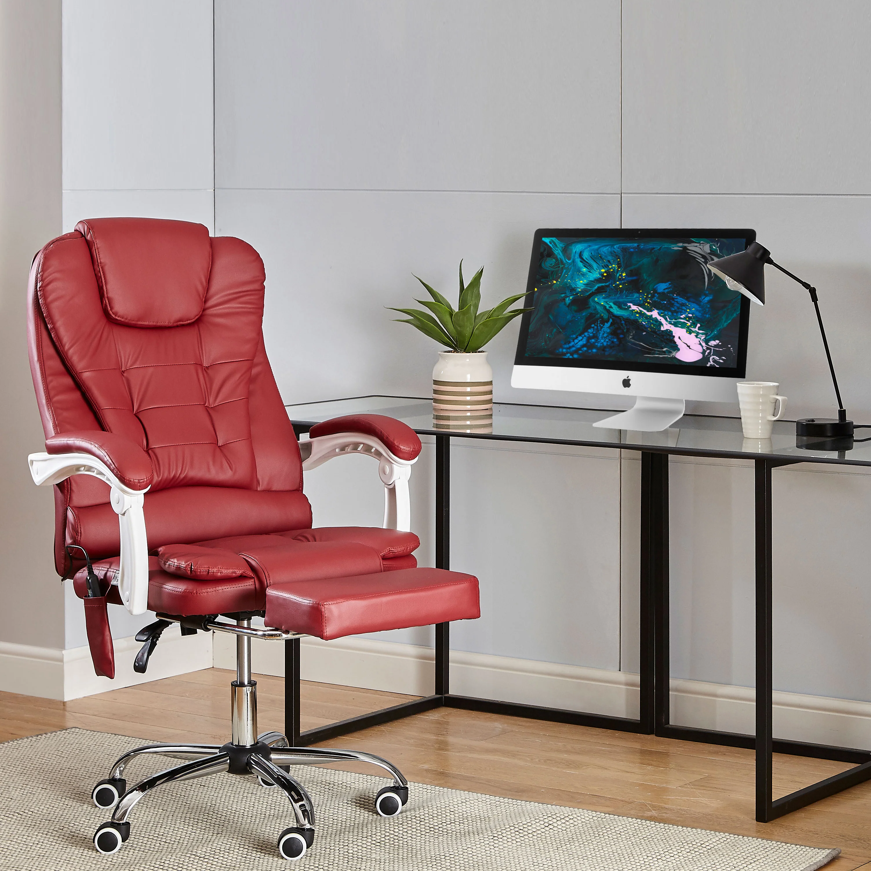 Neo Office Chair Burgundy Faux Leather With Footrest & Massage Function Steel Frame