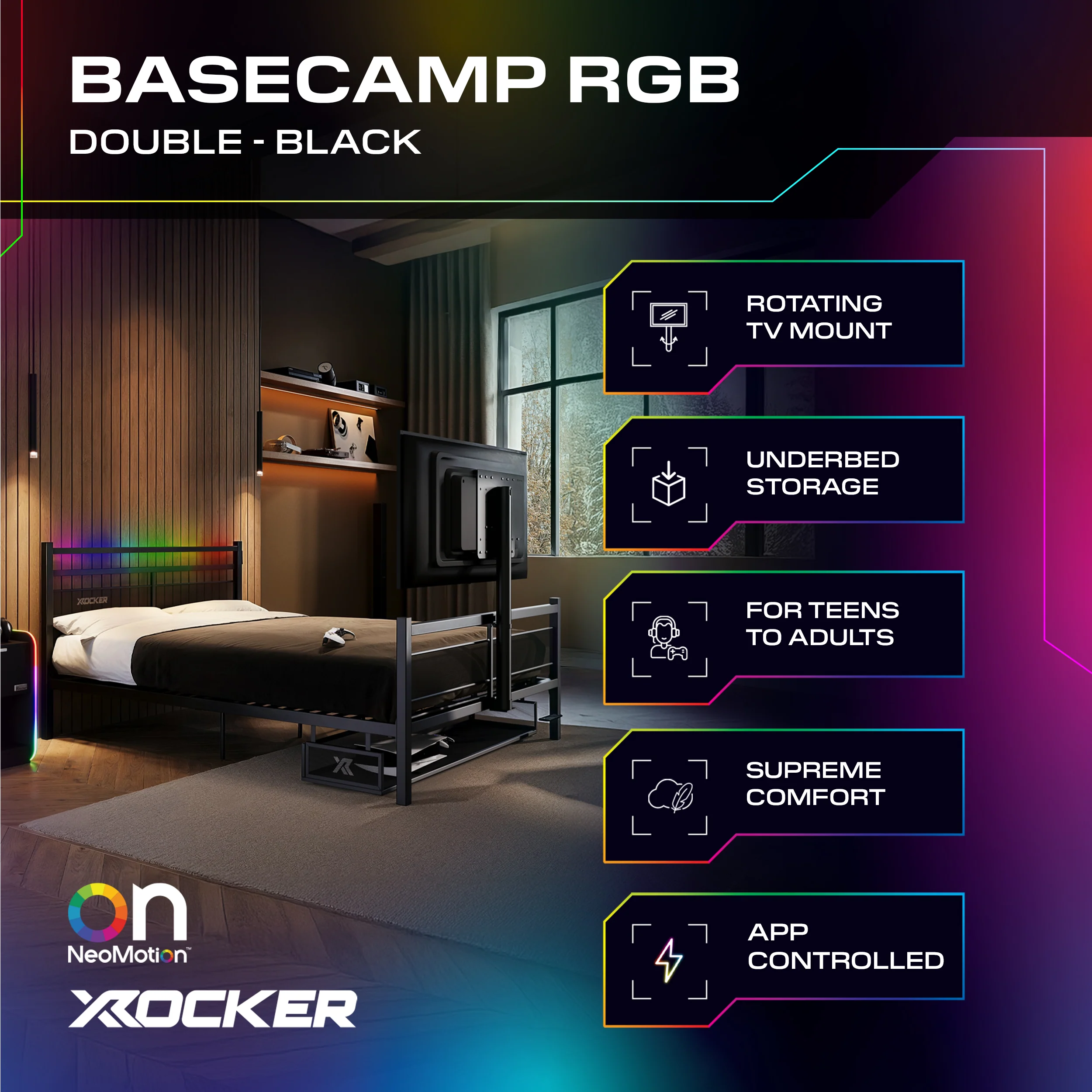 Basecamp RGB Double LED Gaming TV Bed - Black