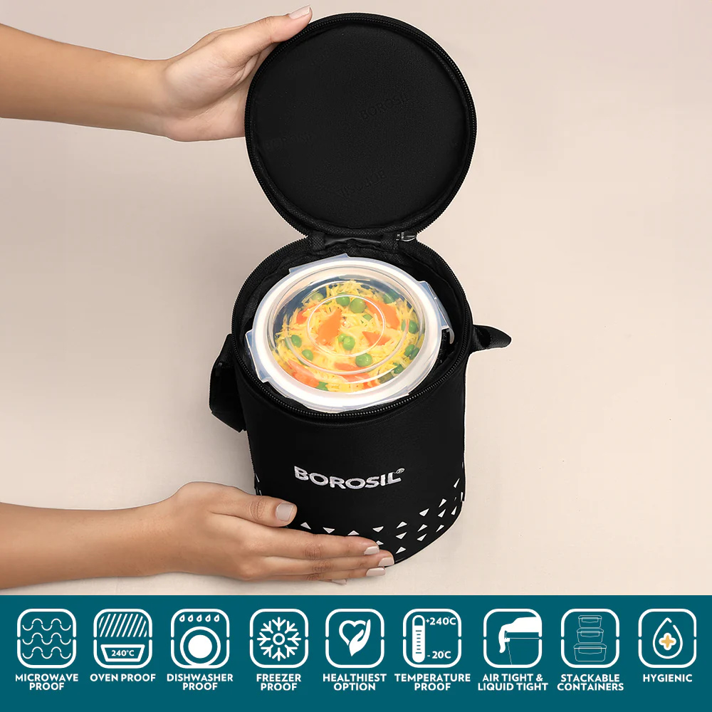 Borosil Kube Black Glass Lunch Box, Round x 3 (Tall), Set of 3, 400ml