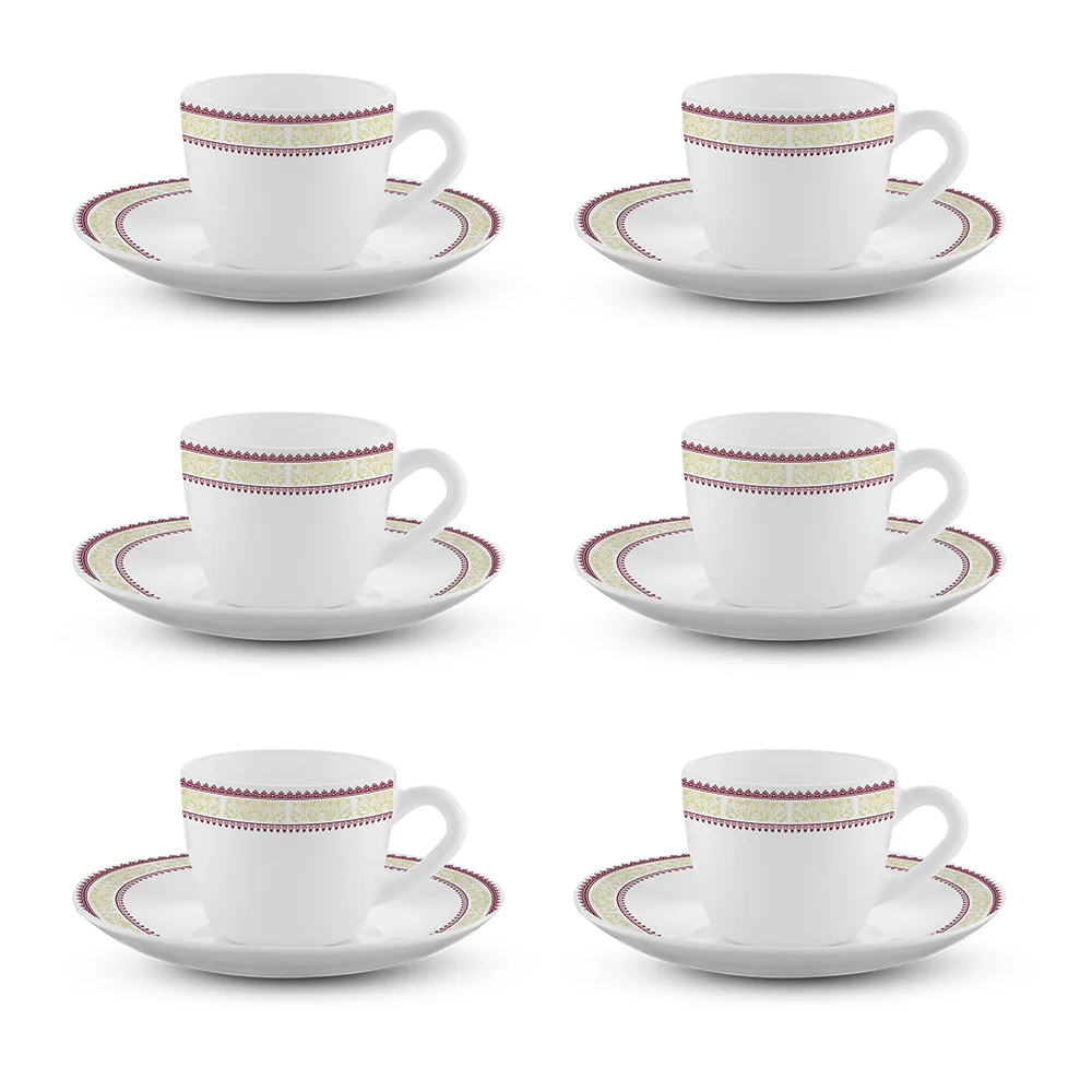 Larah by Borosil Elega Cup n Saucers Set, 90ml x 12