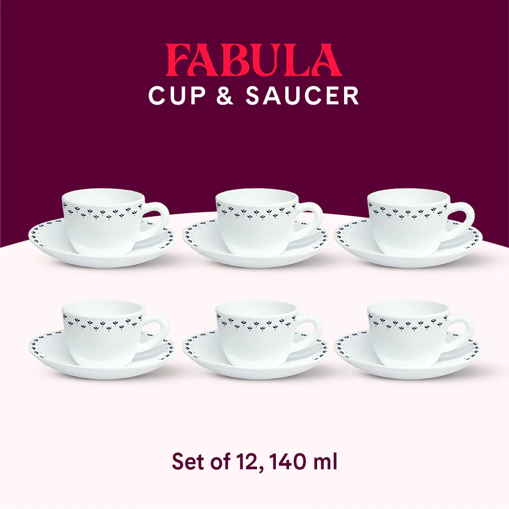 Larah by Borosil Fabula Cup n Saucer Set, 140ml x 12