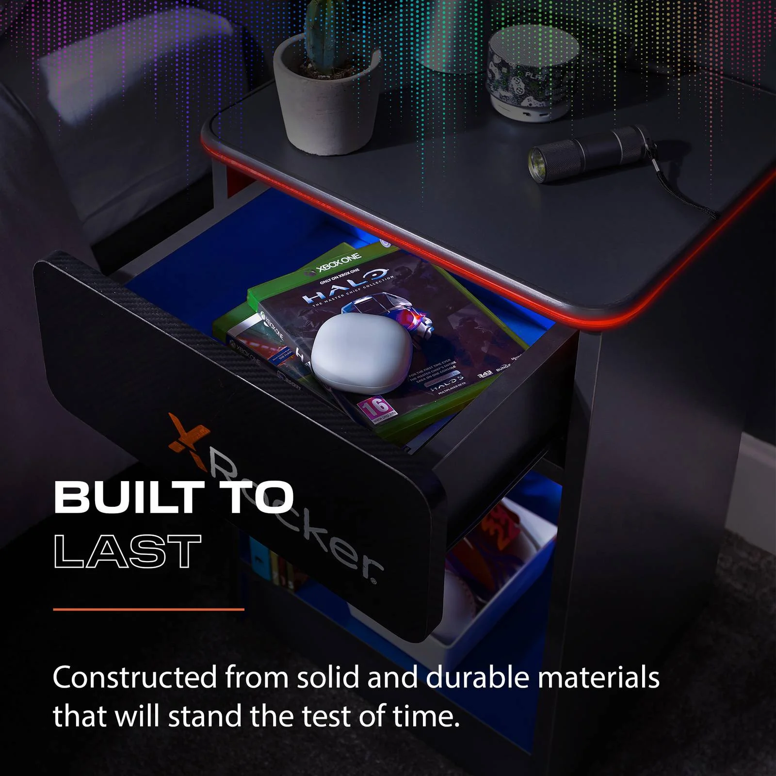 Carbon-Tek LED Bedside Side Table with Wireless Charging and Drawer - Grey / Blue RGB