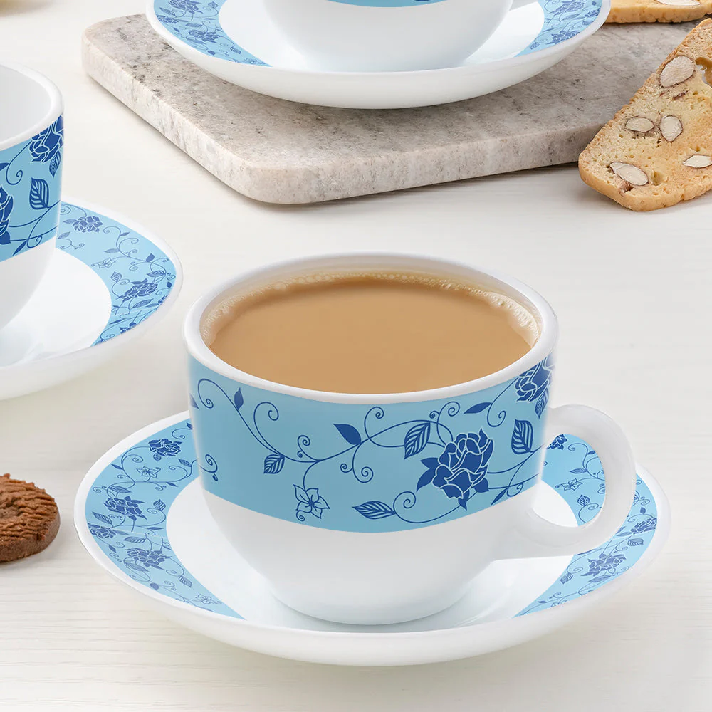 Larah by Borosil Rosa Blue Cup n Saucer Set, 220ml x 12